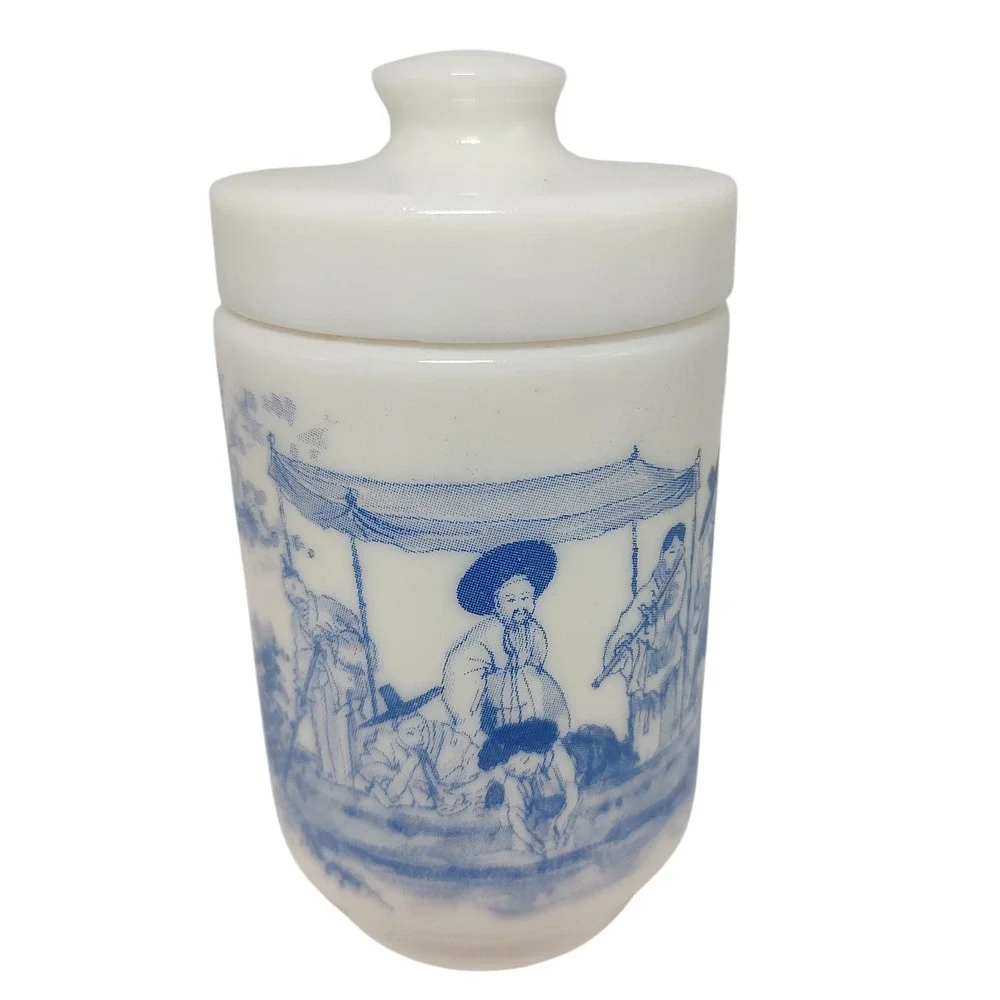 Vintage Belgium Milk Glass Japan Blue White Village Men‎ Women Boats with Lid